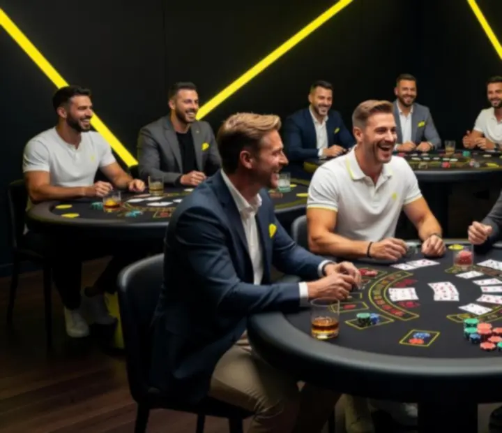 Group tables at NAXSOL ENTERPRISES LTD with guests enjoying lively, hosted card and roulette-style entertainment