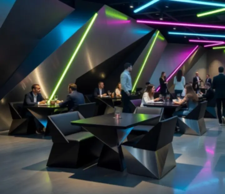 Interior of NAXSOL ENTERPRISES LTD with neon accents and angled modern tables